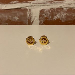 Tory Burch Hexagon Logo gold stud earrings